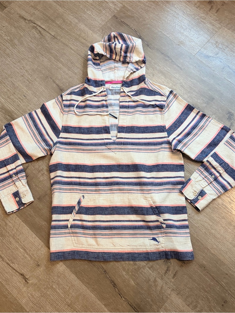 Tommy Bahama Sand Linen Los Bellos Stripe Baja Hoodie front pocket Sz M